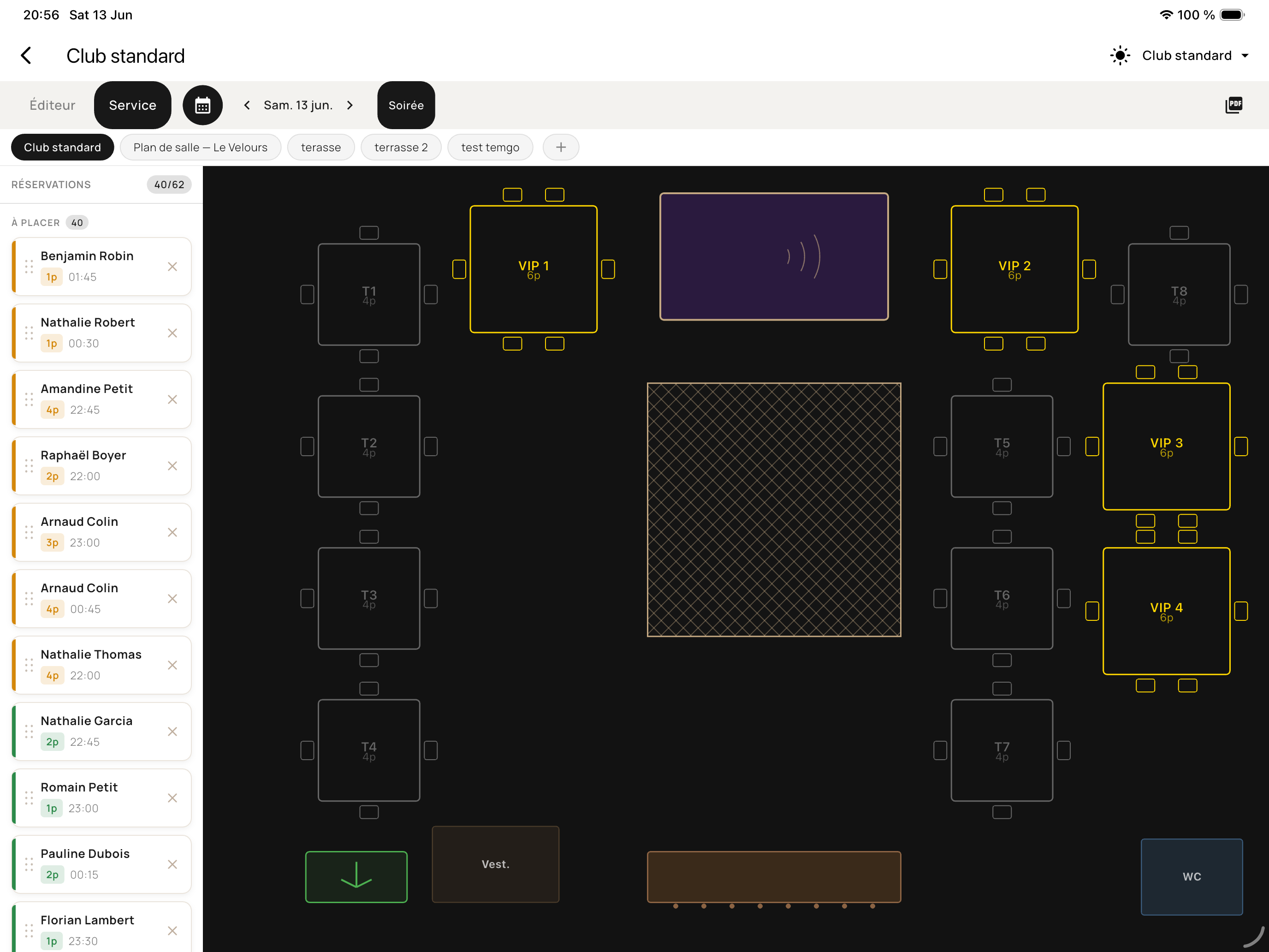 Plan des tables d'un club dans Temgo Business