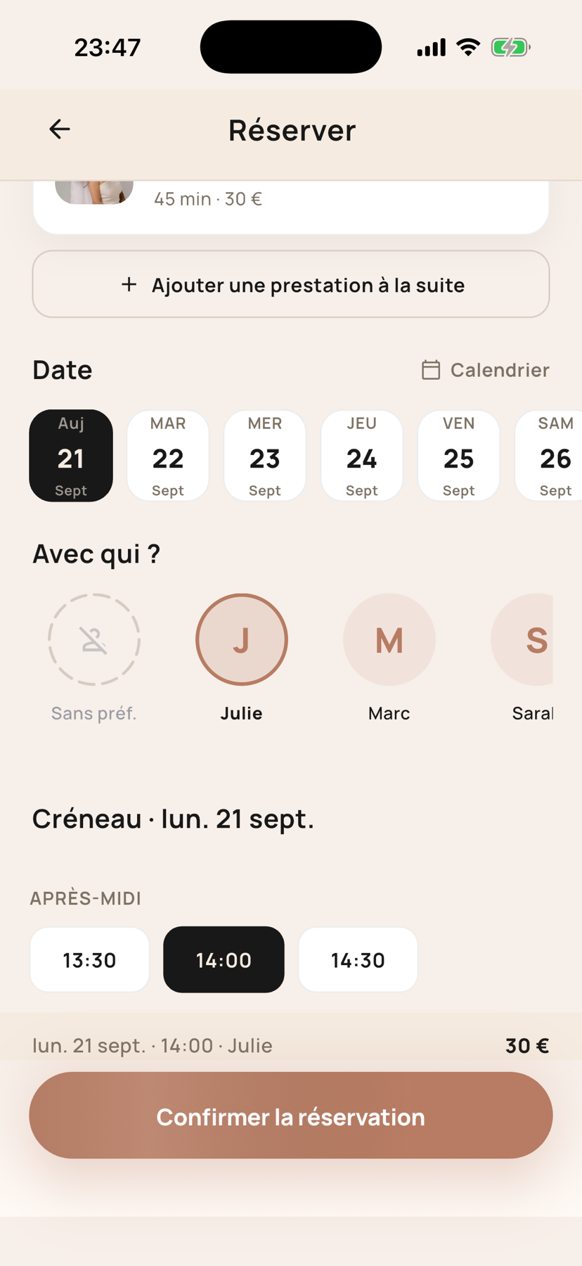 Réservation dans l'application Temgo